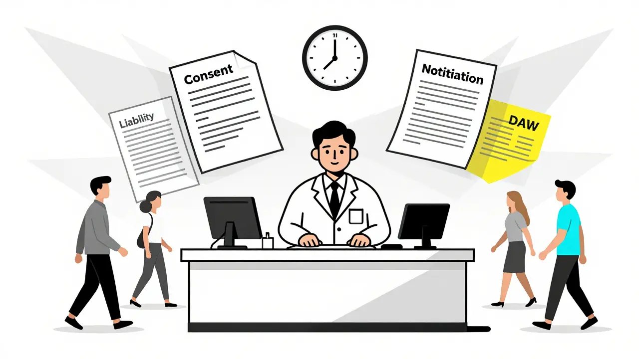 Pharmacist surrounded by floating legal labels and a clock, patients arriving from state borders in clean Bauhaus composition.