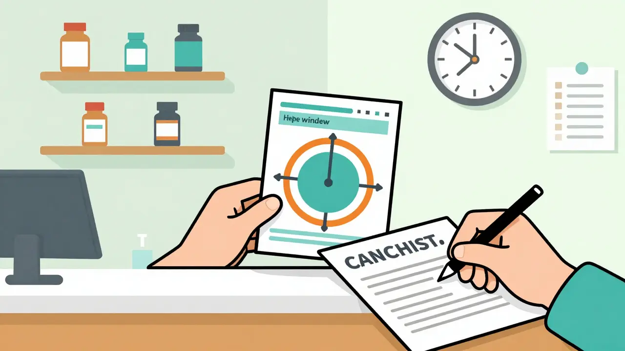 Pharmacy counter with patient handout and consent form, geometric background elements.