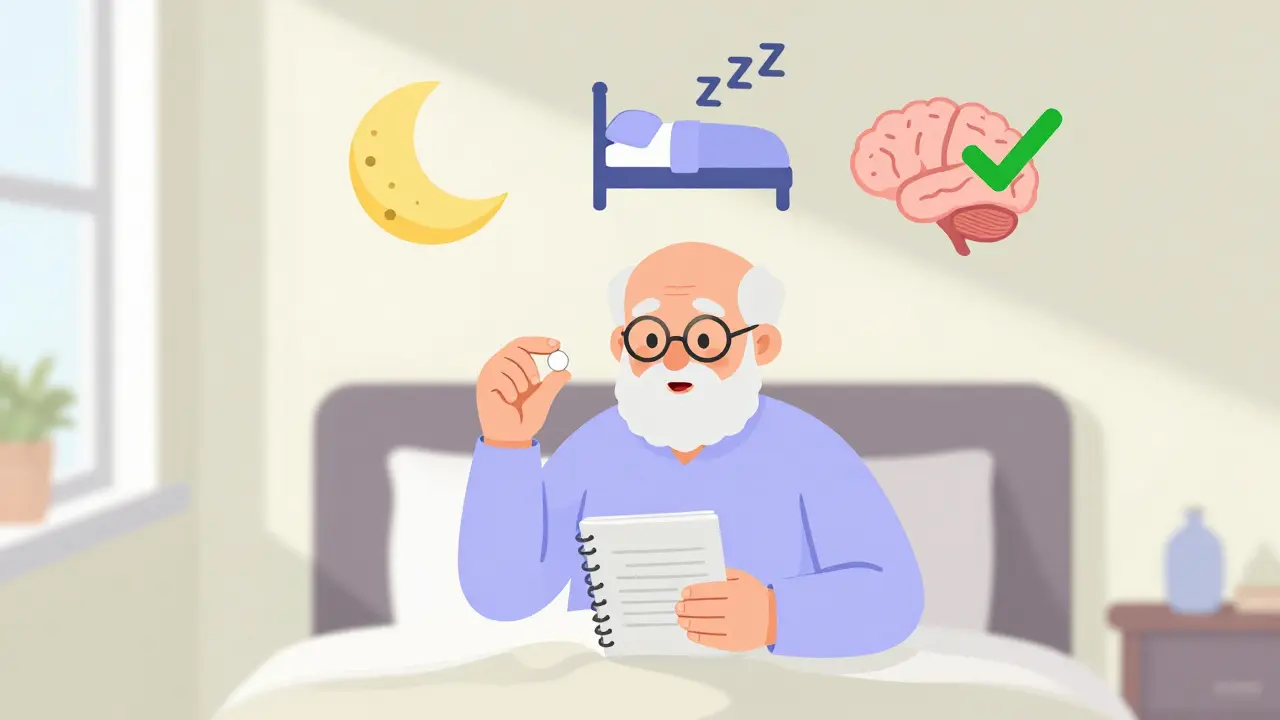 Senior holding melatonin and sleep diary in a sunlit room with abstract sleep symbols.