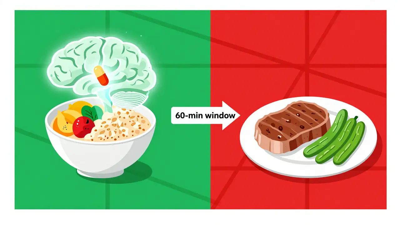 Split-day meal timeline showing low-protein lunch enabling medication absorption and high-protein dinner with no interference, Bauhaus geometric style.