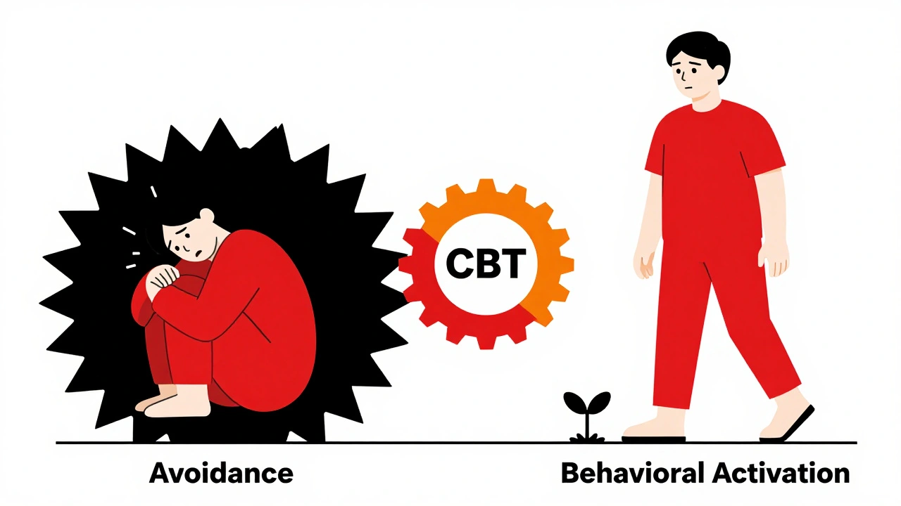 Split illustration of fear versus action, connected by a CBT mechanism in bold Bauhaus geometry.