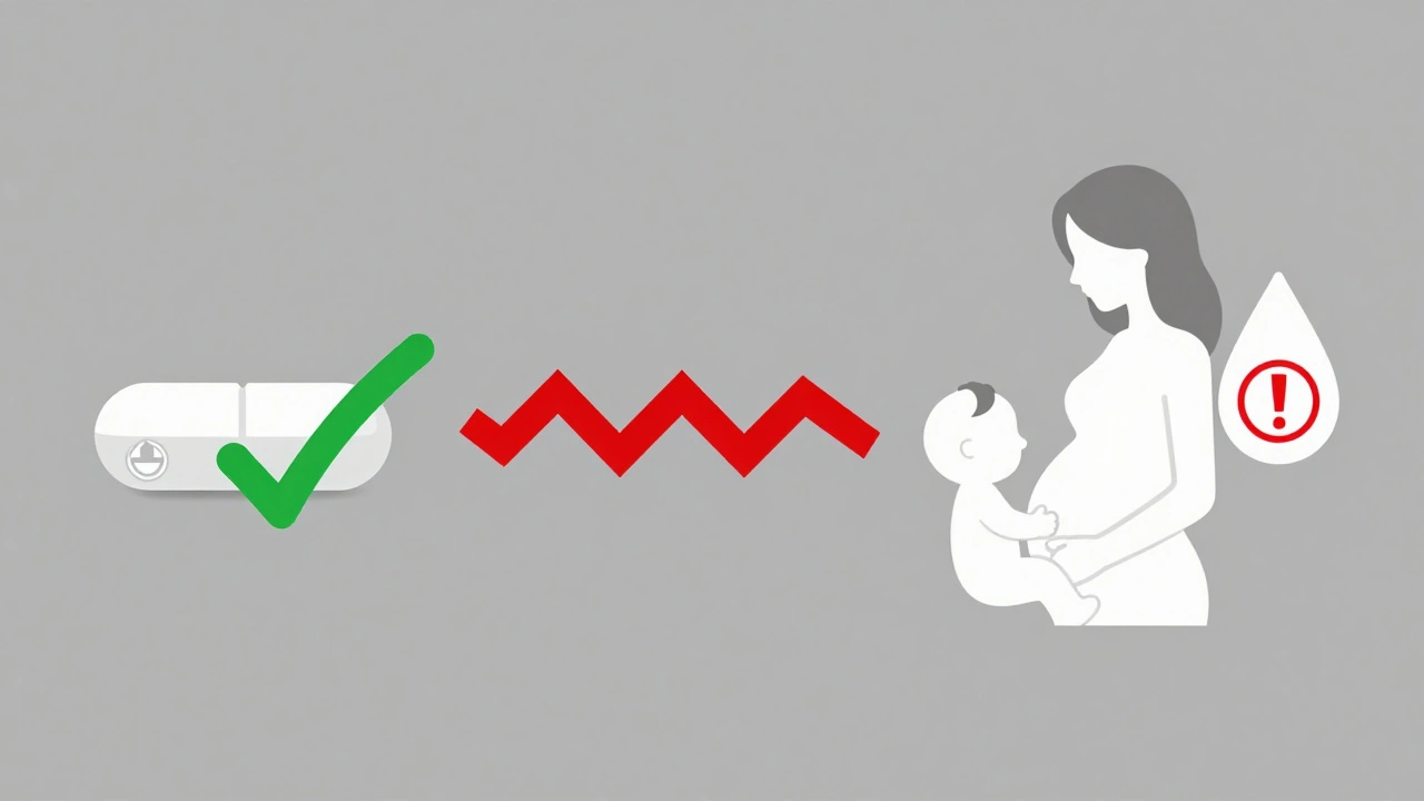 Split pathway: safe fosfomycin pill vs. crossed-out nitrofurantoin, with pregnant woman and infant in minimalist Bauhaus style.
