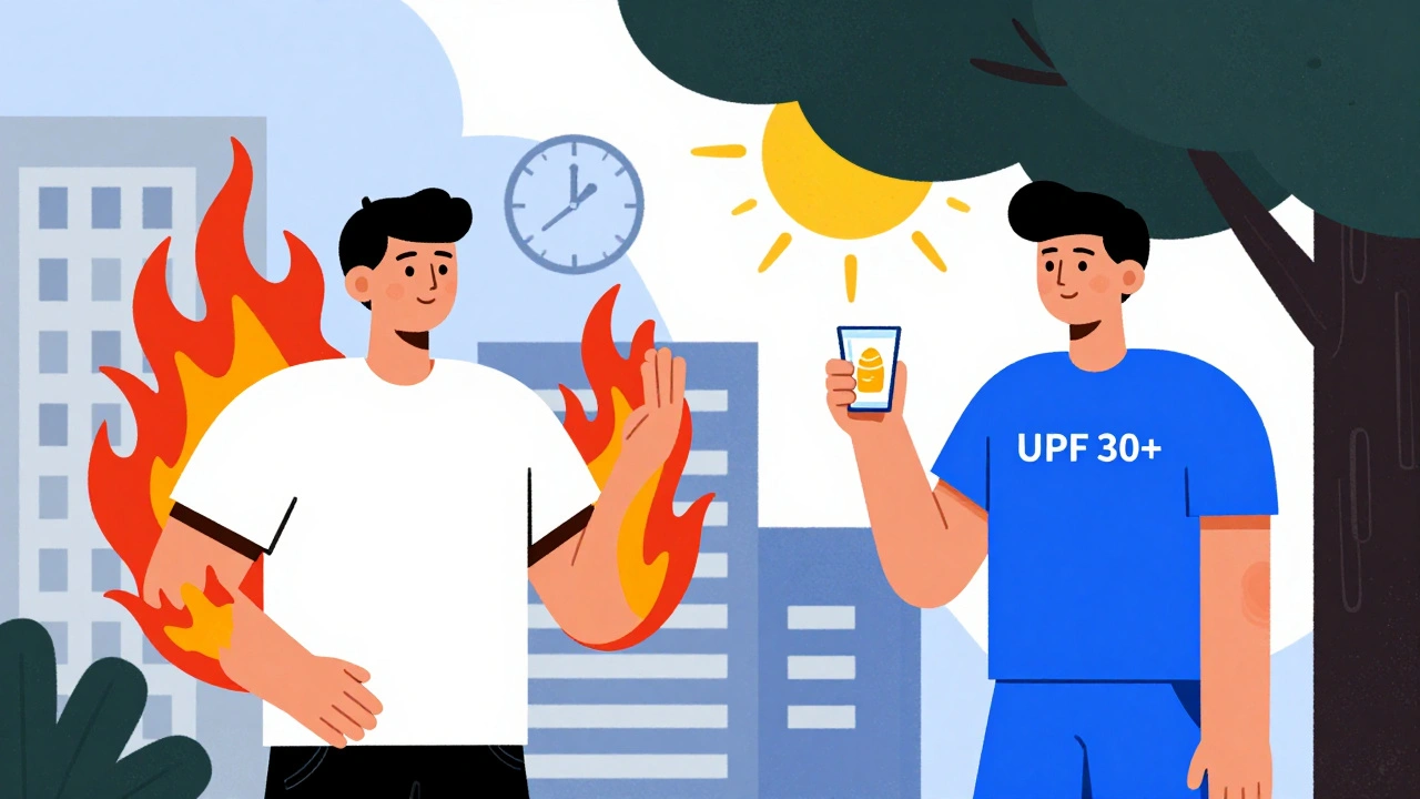 Split scene: sunburned person vs. protected person with sunscreen and shade, in geometric Bauhaus style.