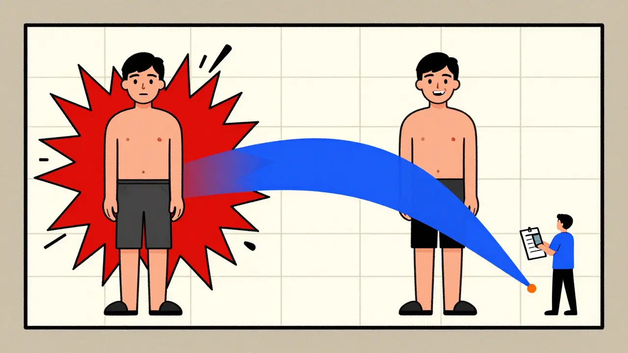 Split timeline illustration of high blood sugar on steroids versus controlled levels after tapering insulin.