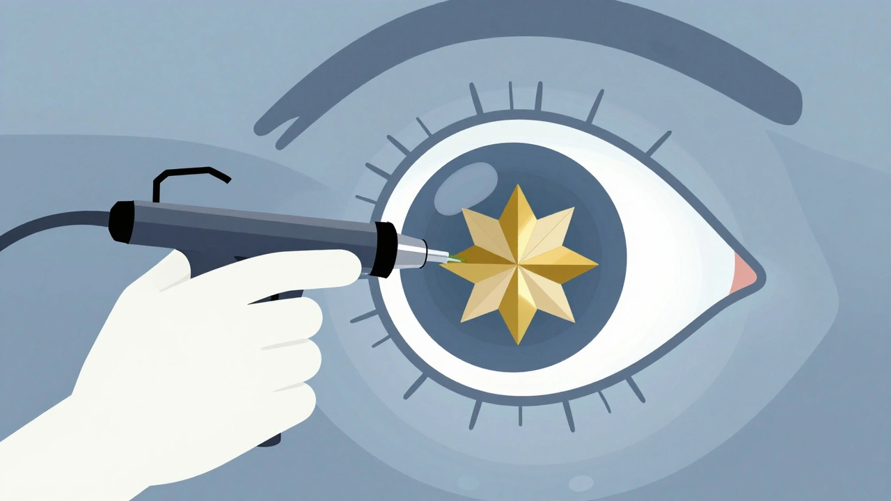 Surgeon inserting a foldable intraocular lens into a geometrically abstracted eye.