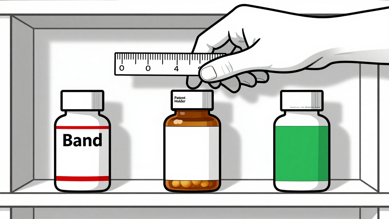 Three identical pill bottles on a shelf with different pricing labels, controlled by a corporate hand.