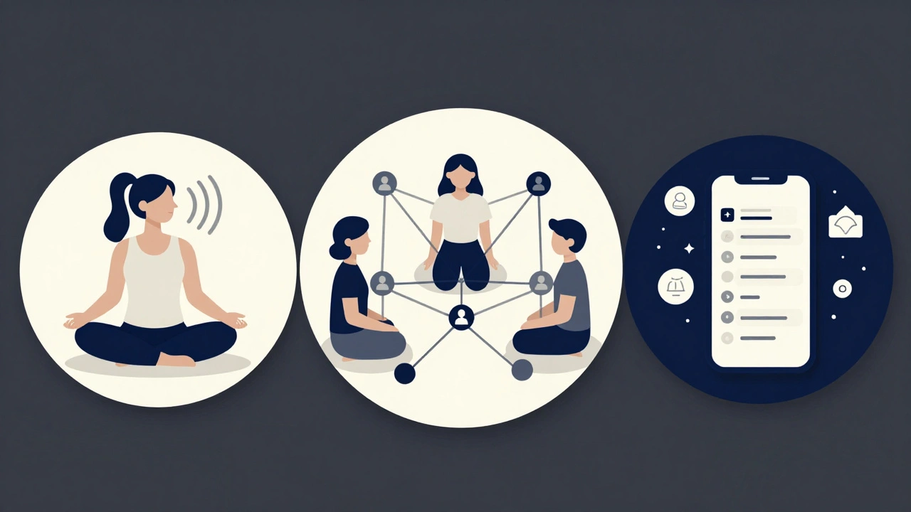 Three panels showing breathing, support group, and app therapy in geometric Bauhaus style.