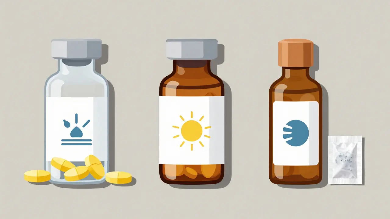 Three repackaged medication vials showing degradation, protection, and desiccant use in geometric style.