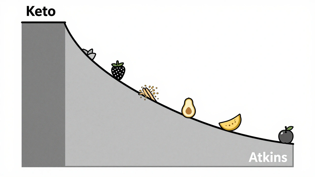 Timeline illustration comparing keto&#039;s sharp weight drop to Atkins&#039; steady decline with food icons along the path.