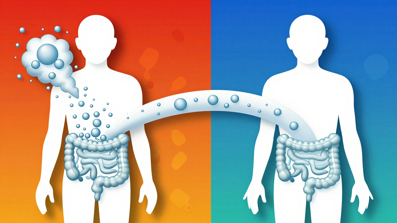 Two abstract figures comparing gas production from acarbose versus miglitol in contrasting color fields.