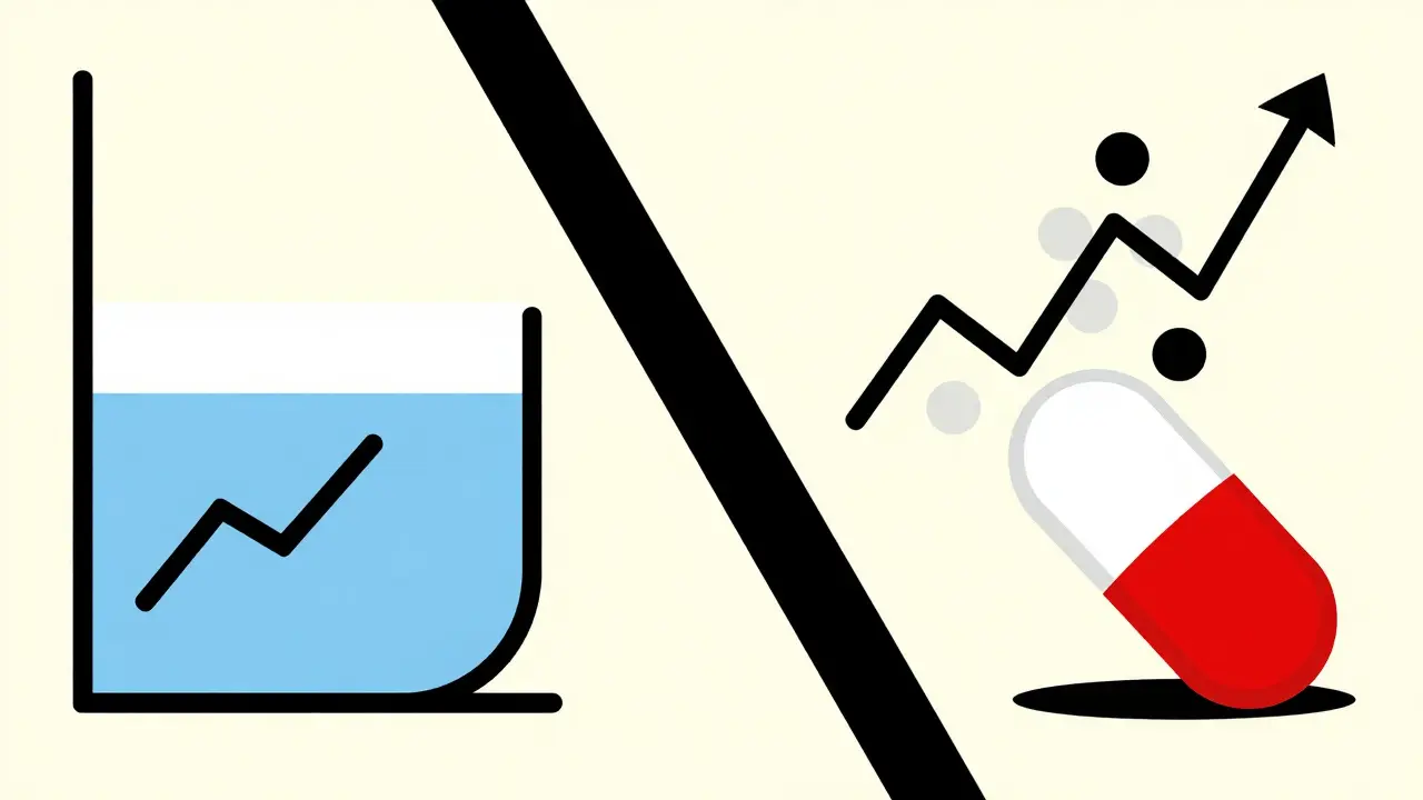 Two paths: pill in water vs. lipid capsule forming micelles, shown as abstract graphs and shapes in Bauhaus style.