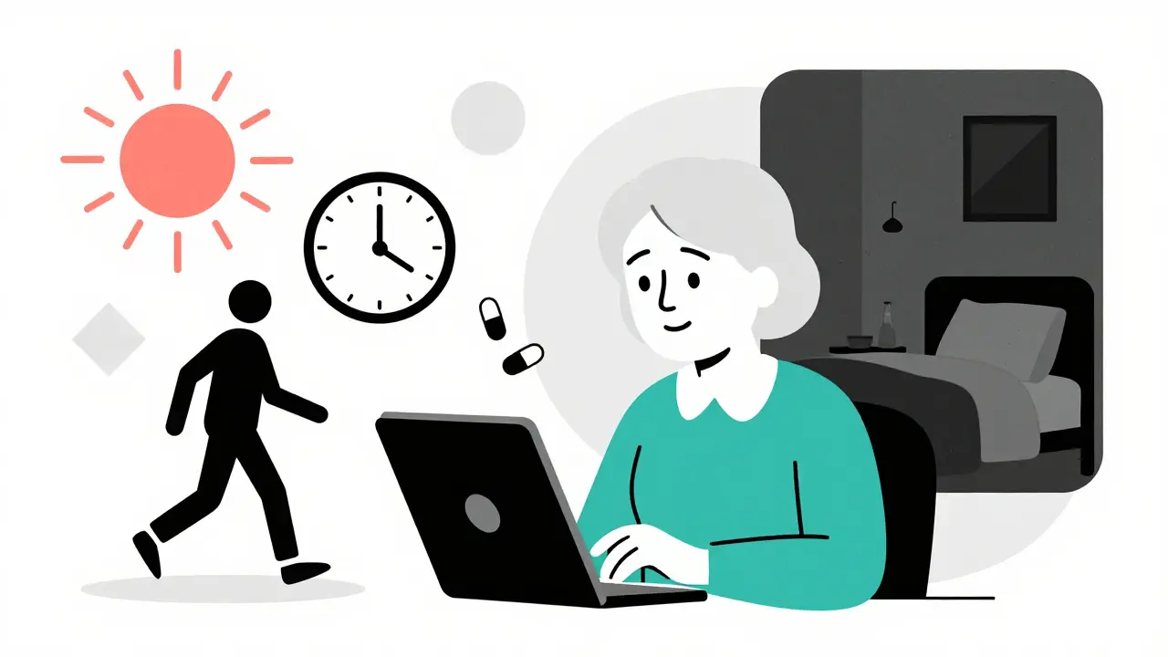 Woman using tablet for CBT-I therapy as sleep hygiene icons float around her.