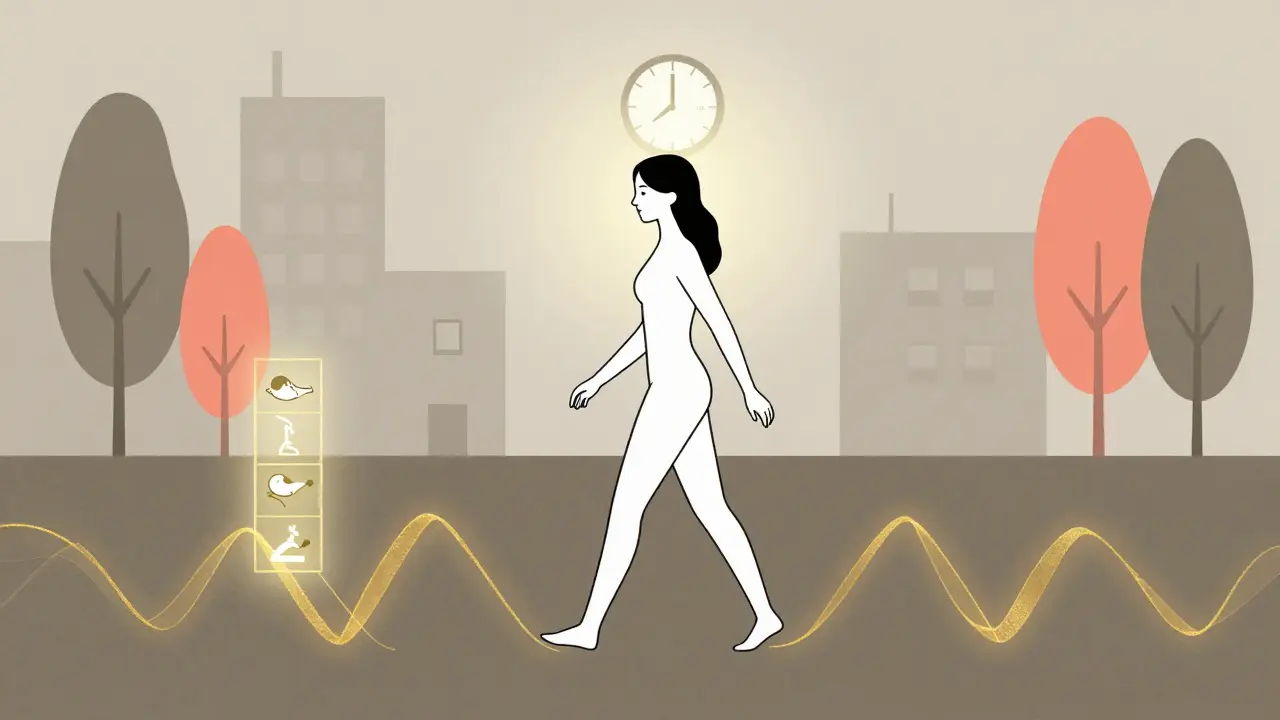 Woman walking after dinner with golden waves of insulin sensitivity radiating from her feet toward symbols of health.
