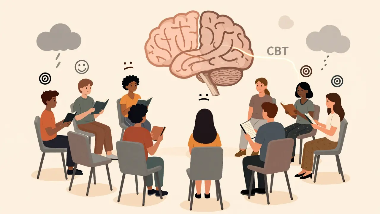 A circle of people holding journals, each with floating mood symbols, beside an abstract brain divided into calm and chaotic halves.