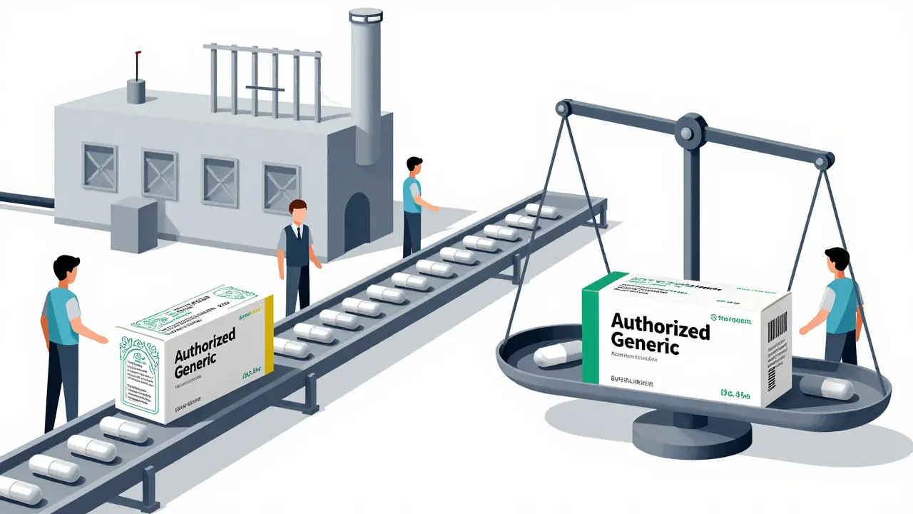 A factory production line splitting into branded and generic pill packaging, showing cost difference through clean Bauhaus visuals.
