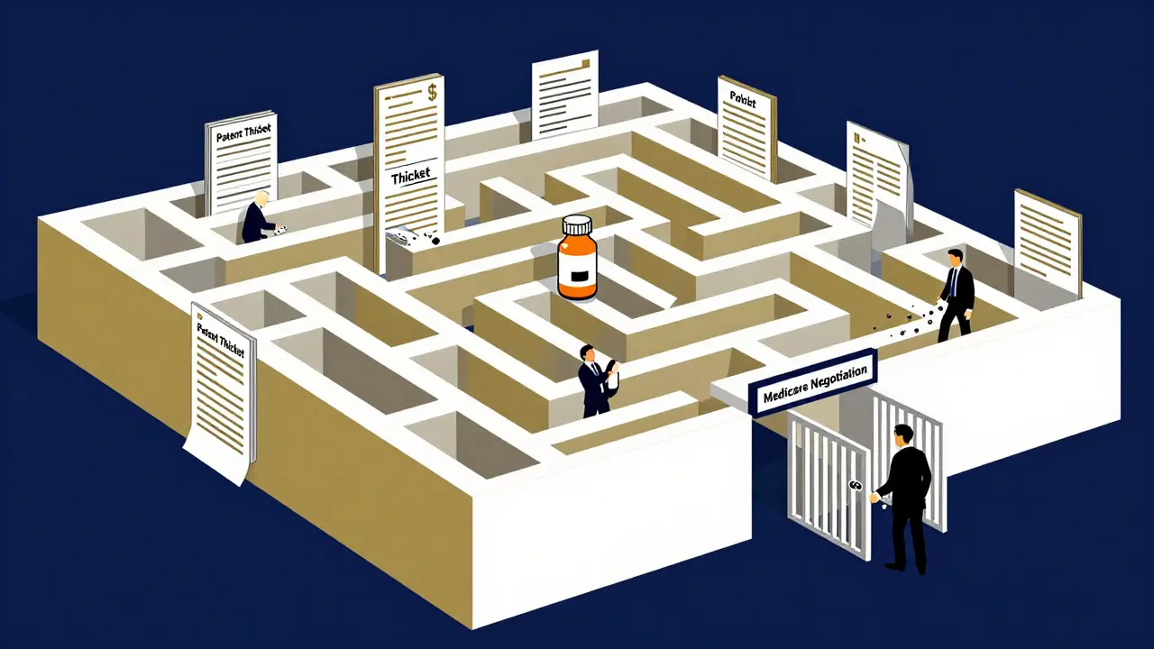 A generic drug bottle tries to escape a maze of legal documents and money, while corporate figures build more walls.