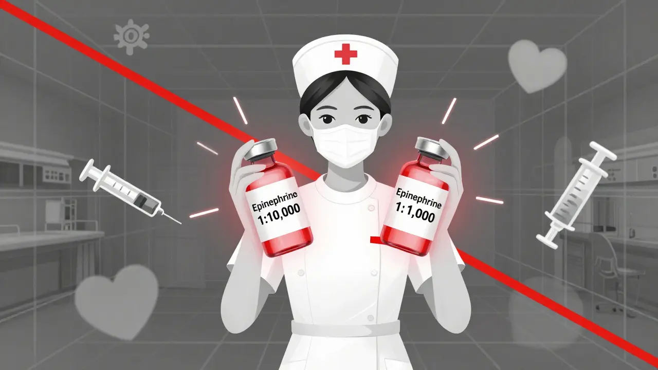 A nurse holding two epinephrine vials with different concentrations, highlighted by warning lines.