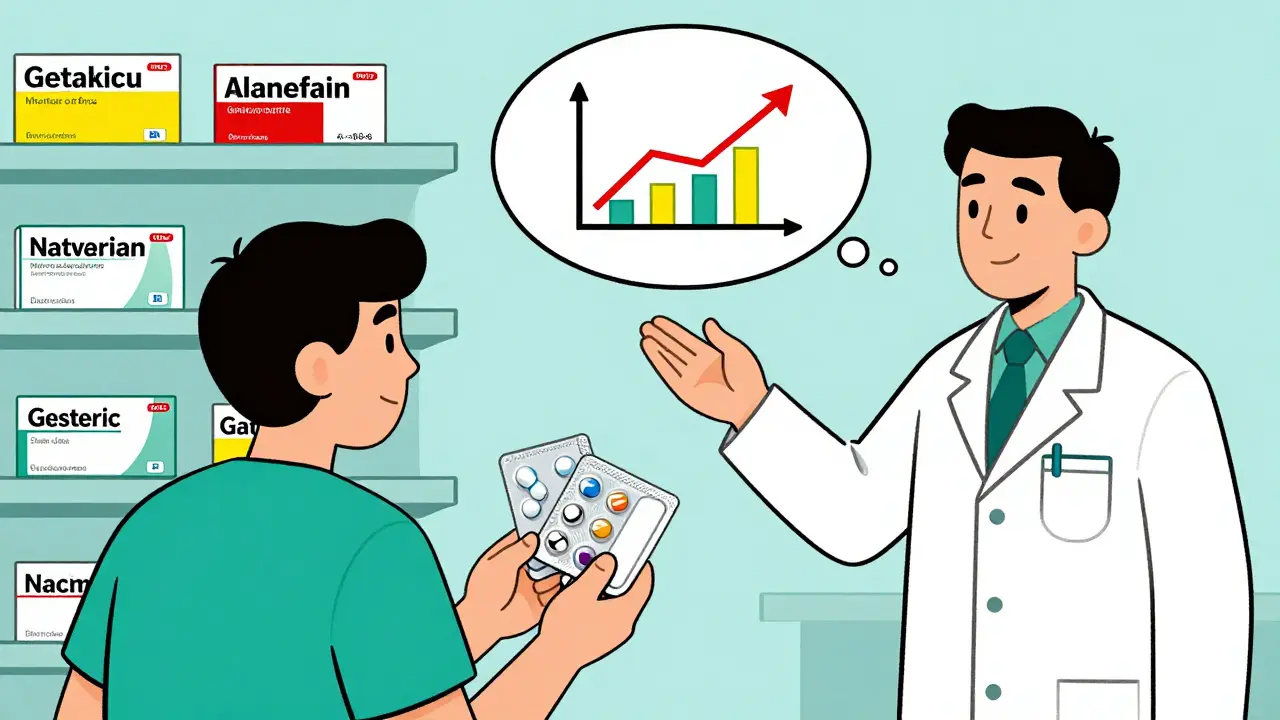 A patient holding two identical pills with a savings graph, pharmacist nearby, all in bold primary colors and geometric style.