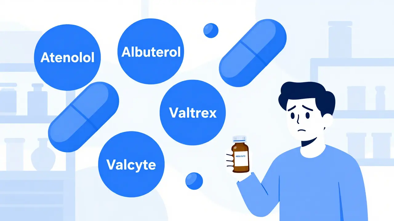 A patient surrounded by identical blue pills with confusingly similar generic drug names.