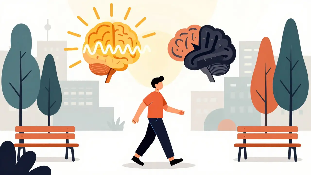 A person walking in a minimalist park with sun rays interacting with brain shapes representing mood chemistry.