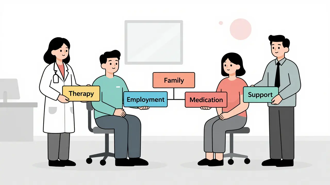 A team of simplified figures holding colored blocks representing key components of coordinated specialty care.