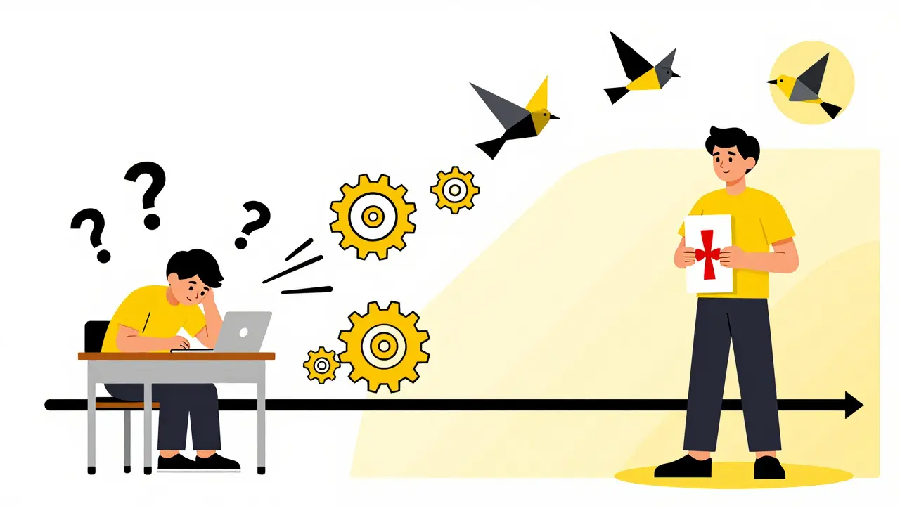 A timeline showing a teen's transition from isolation and confusion to recovery and academic success.