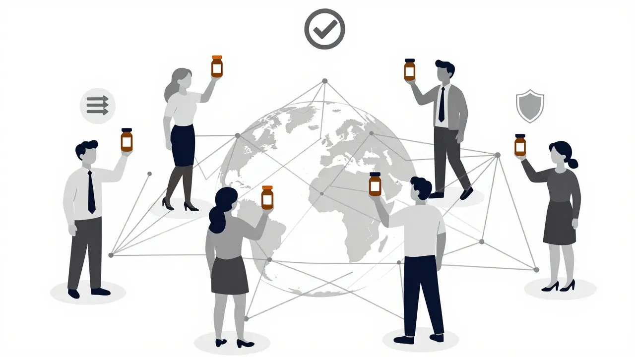 Abstract figures connected by lines over a globe, with icons representing dechallenge, rechallenge, and drug safety.