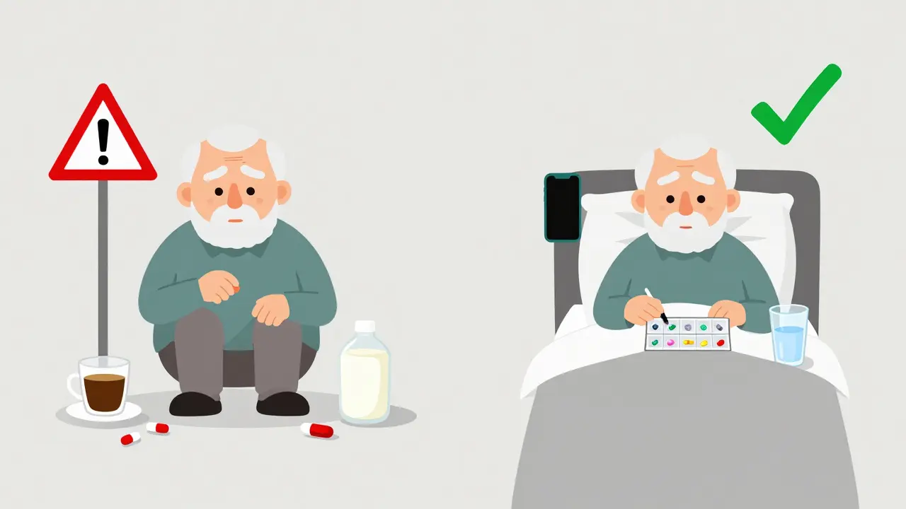 Contrasting scenes: chaotic medication misuse vs. organized routine with water, alarm, and pill box in Bauhaus design.