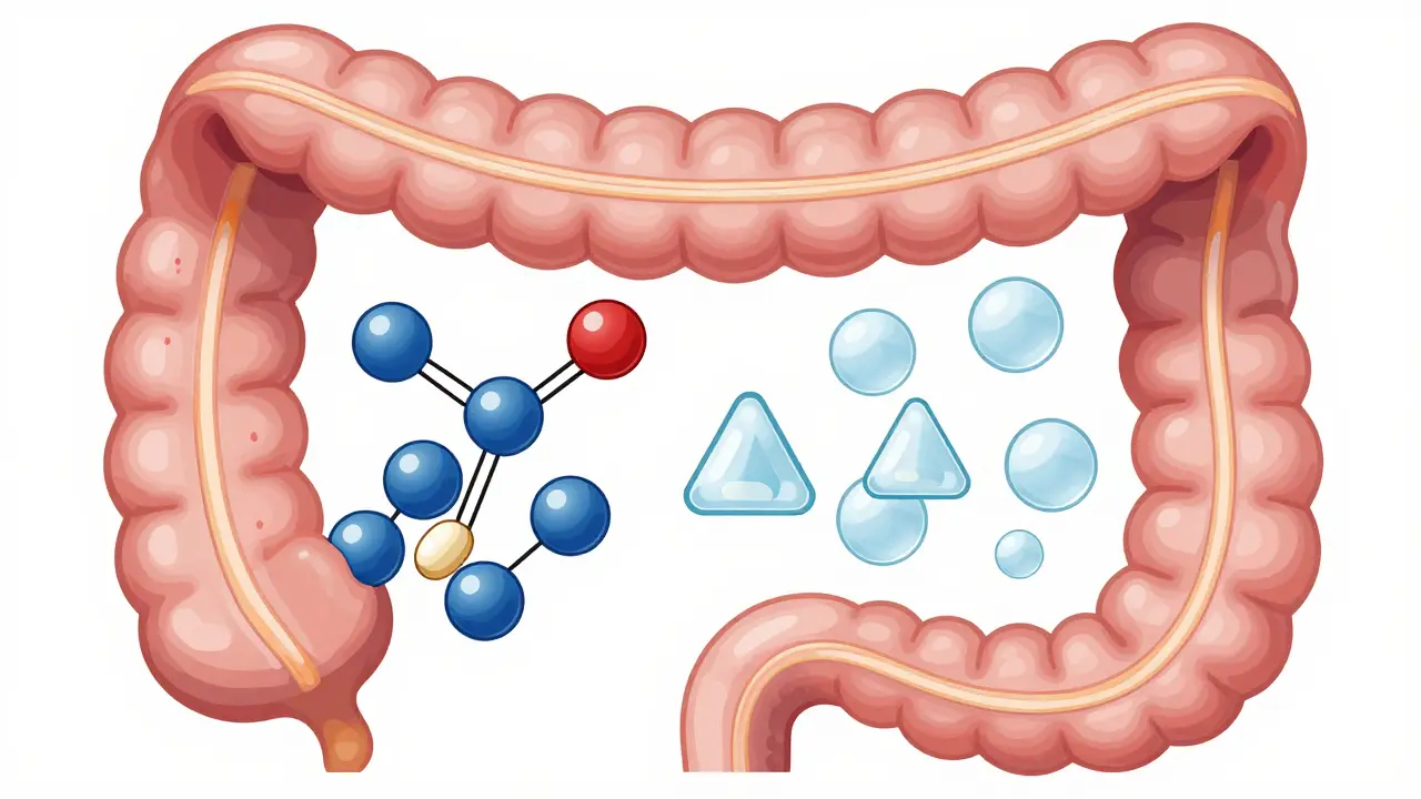 Cross-section of digestive tract showing bisphosphonate molecules blocked by calcium ions from dairy, with water allowing absorption.