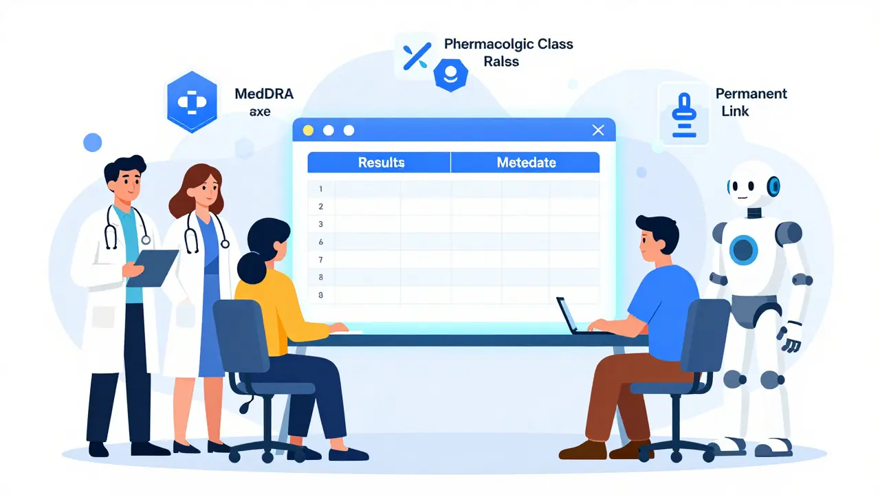 Diverse users examining an Excel export with FDA data icons on a table.