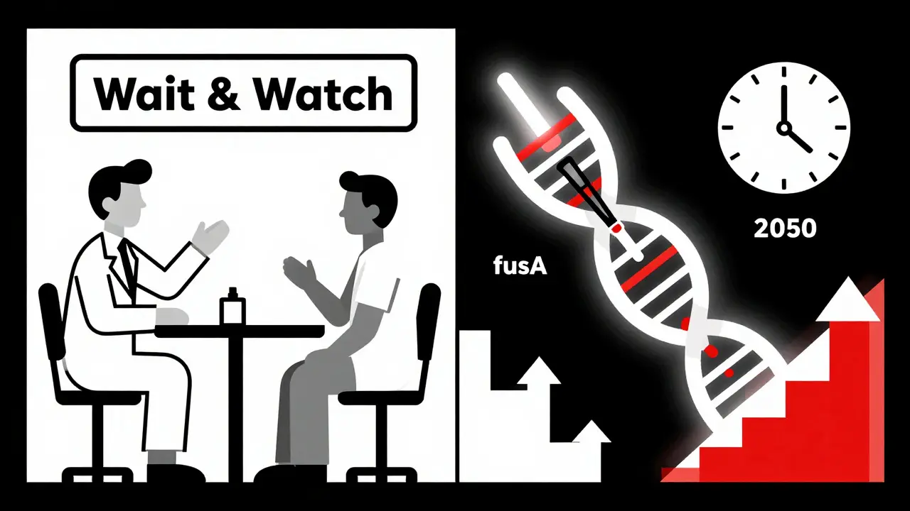 Doctor and patient choosing caution while CRISPR edits resistance DNA, clock ticking to 2050