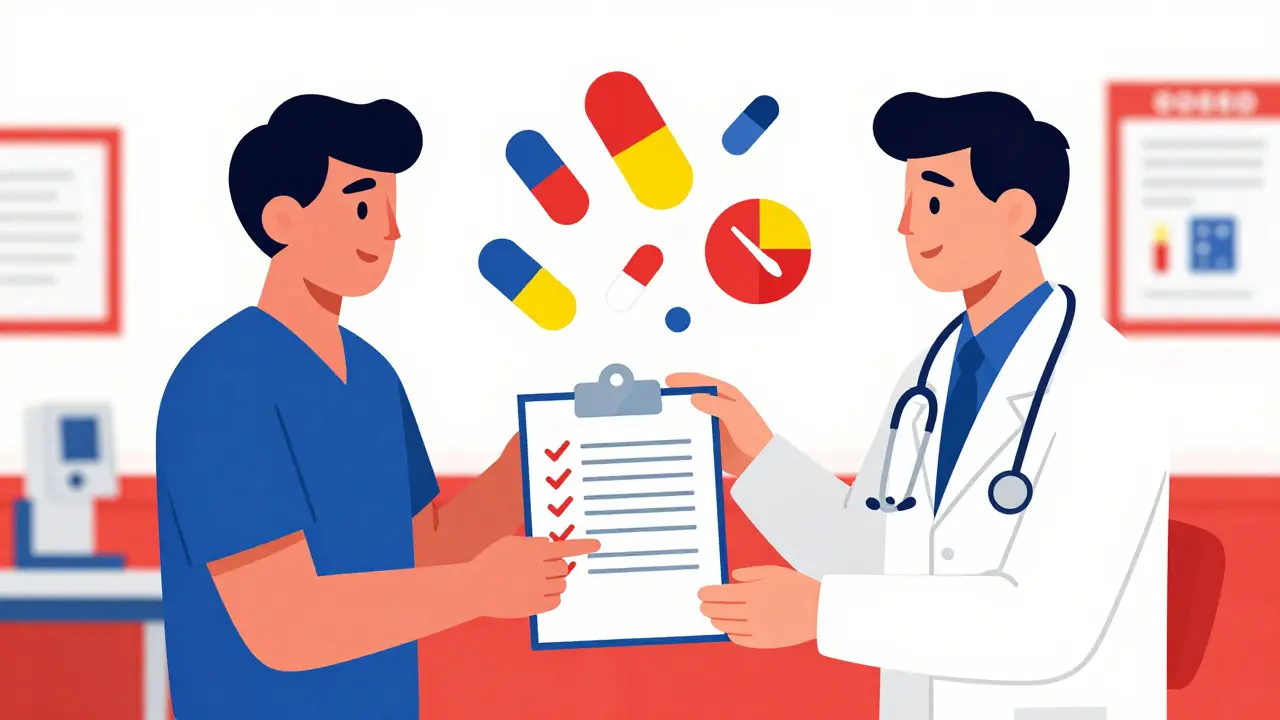 Emergency room scene with paramedic handing a medication list to a doctor, floating icons above.