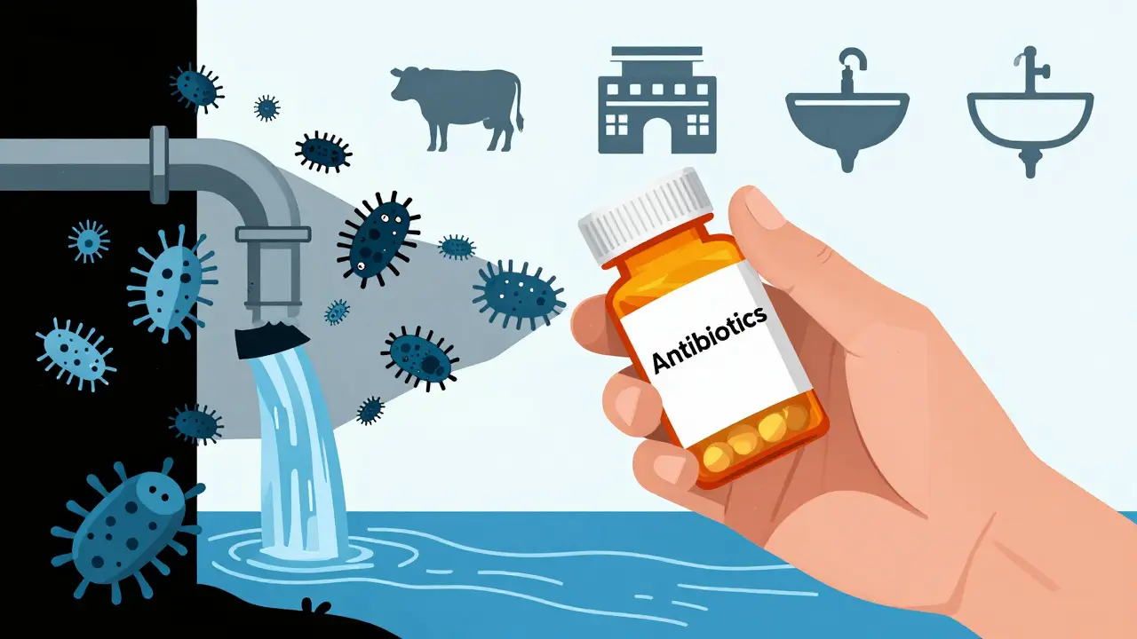 Human hand releasing bacteria into a river connected to farms and hospitals in abstract shapes