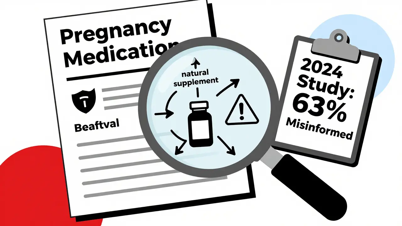 Magnifying glass reveals hidden risks in pregnancy supplements, with warning symbols and study data in Bauhaus design.
