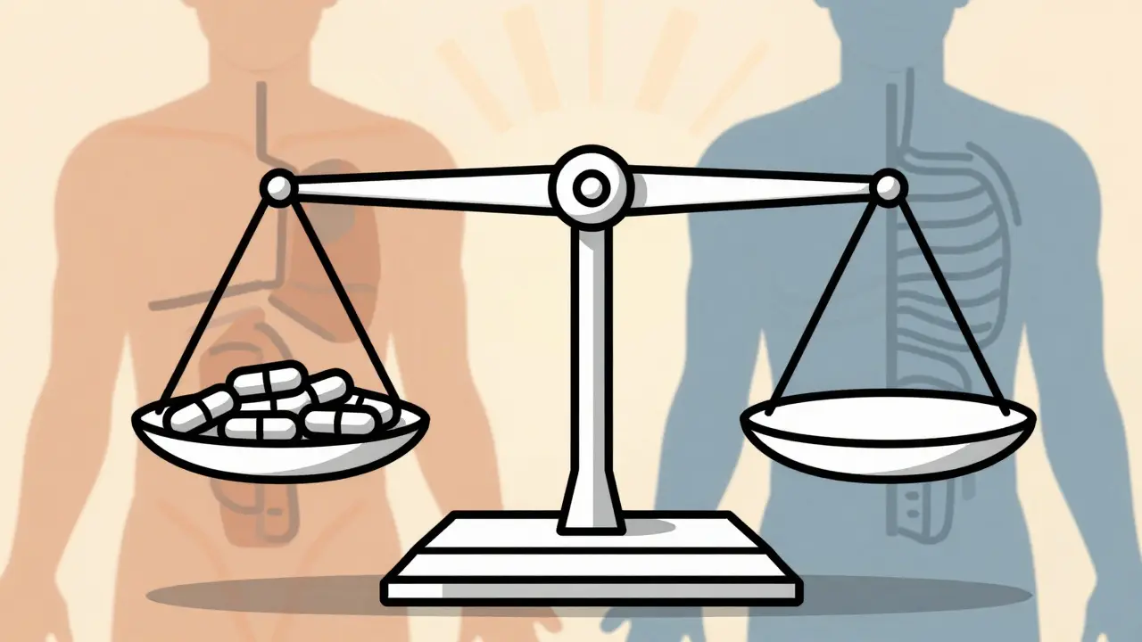 Medical scale balanced with standard DOAC doses, symbolizing no weight-based adjustment needed.