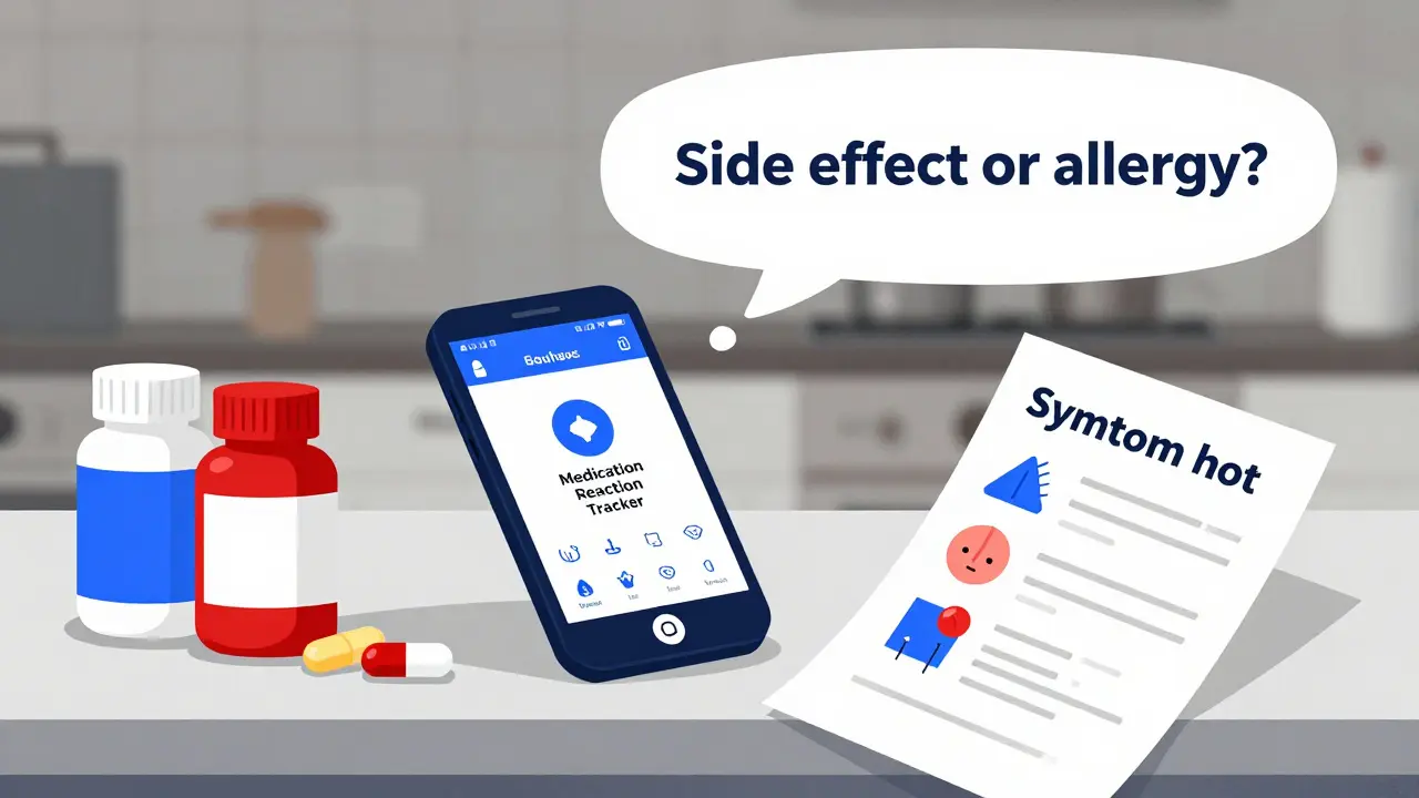 Medication bottles and symptom log on a counter with a phone displaying a reaction tracker app, rendered in Bauhaus minimalist style.
