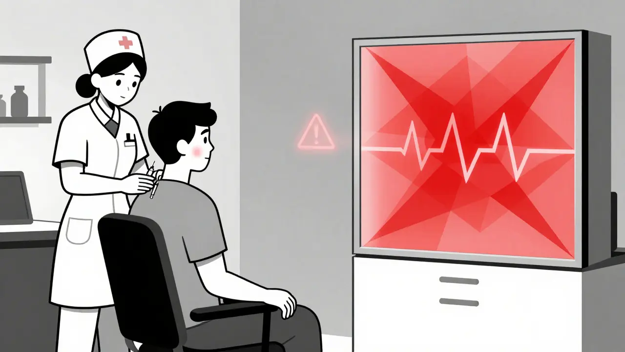 Patient receives a small drug dose in clinic while a mirrored panel shows the same rash reappearing as a geometric pattern.