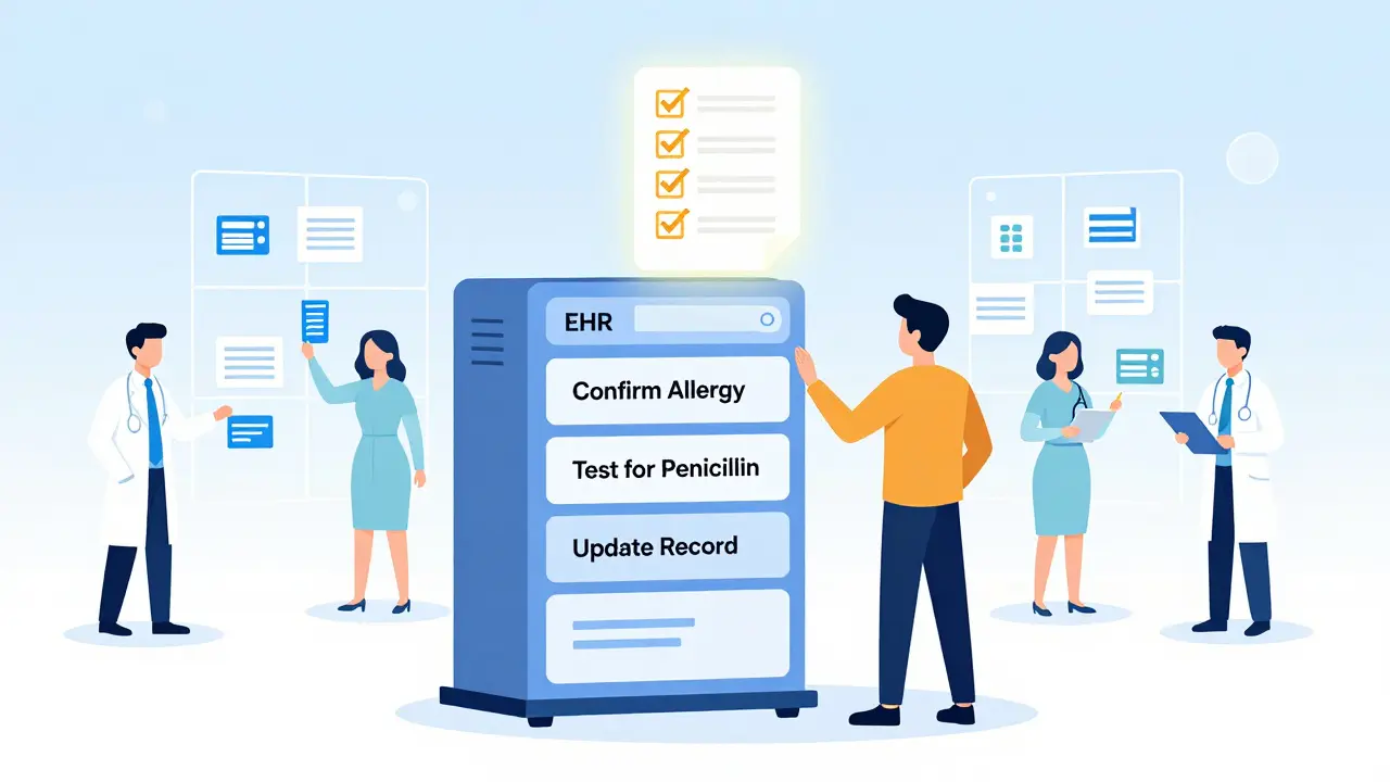 Patient stands beside modular EHR system with checklist for allergy confirmation and testing.