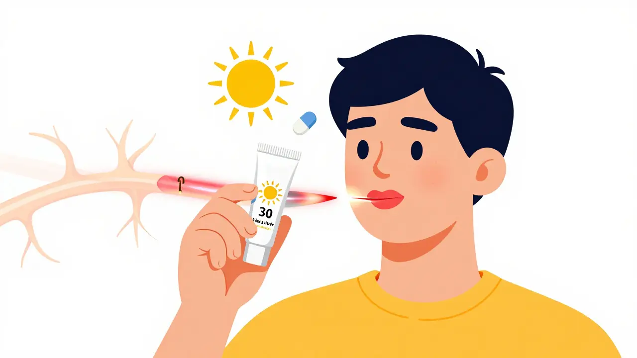 Person applying SPF lip balm with floating antiviral pill and glowing nerve pathway, symbolizing prevention.