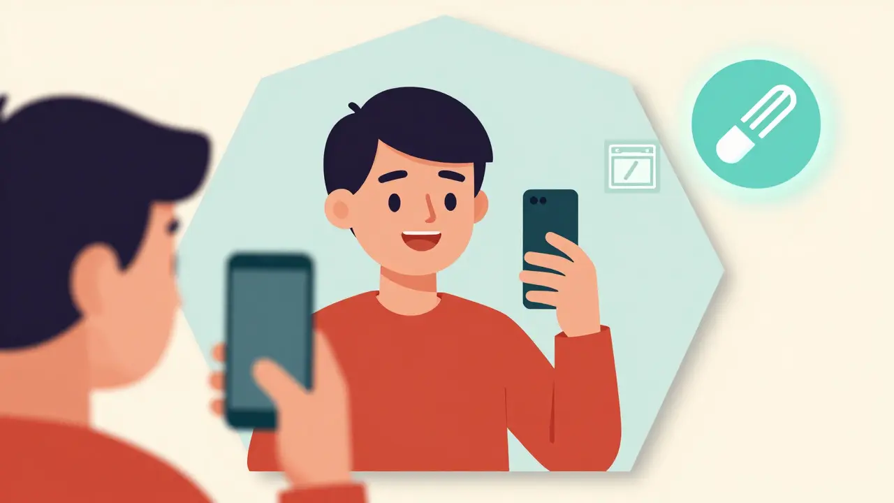 Person taking photo of pills with reflection in geometric mirror, pharmacy icon in background.