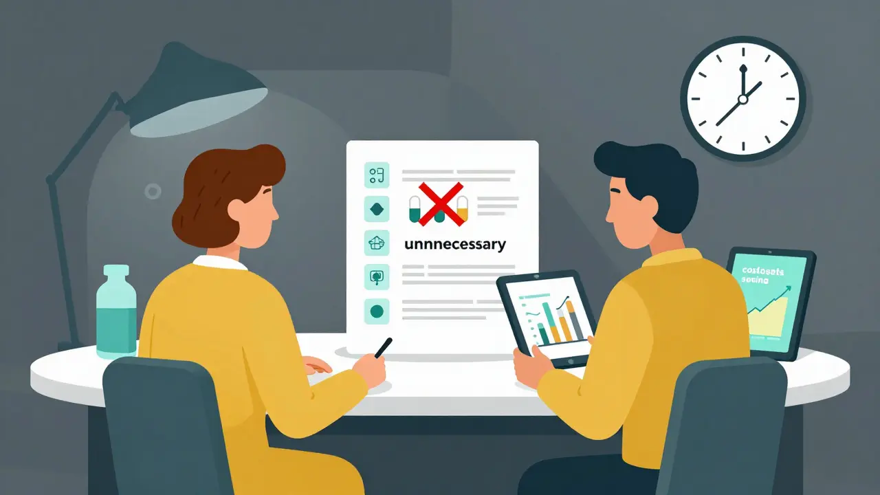 Pharmacist and patient reviewing a simplified medication chart with unnecessary drugs marked for removal.