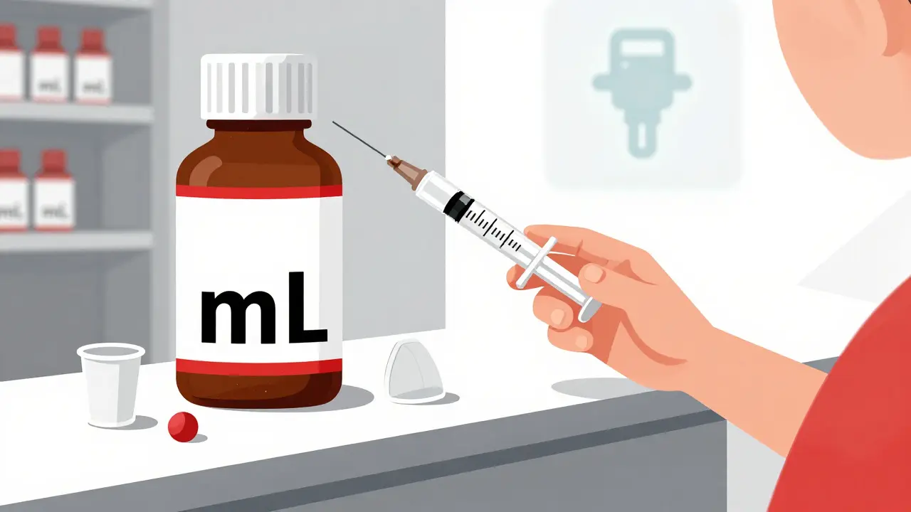 Pharmacist giving an oral syringe to a parent, bold mL labels visible on medicine bottle.
