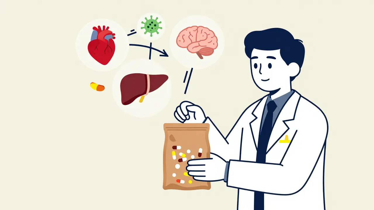 Pharmacist reviewing medications with floating health icons, abstract Bauhaus design.