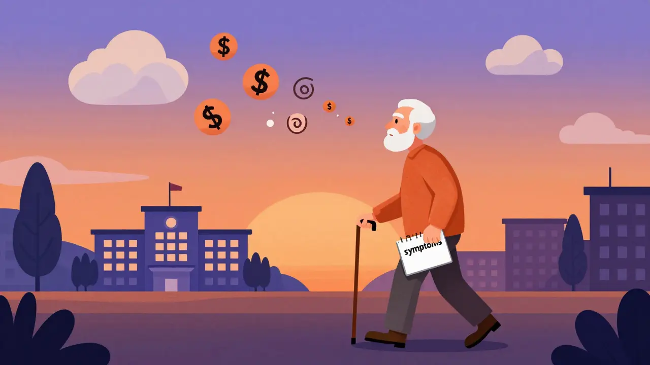 Senior walking at sunset as unwanted medications fade away, symbolizing improved health and savings.