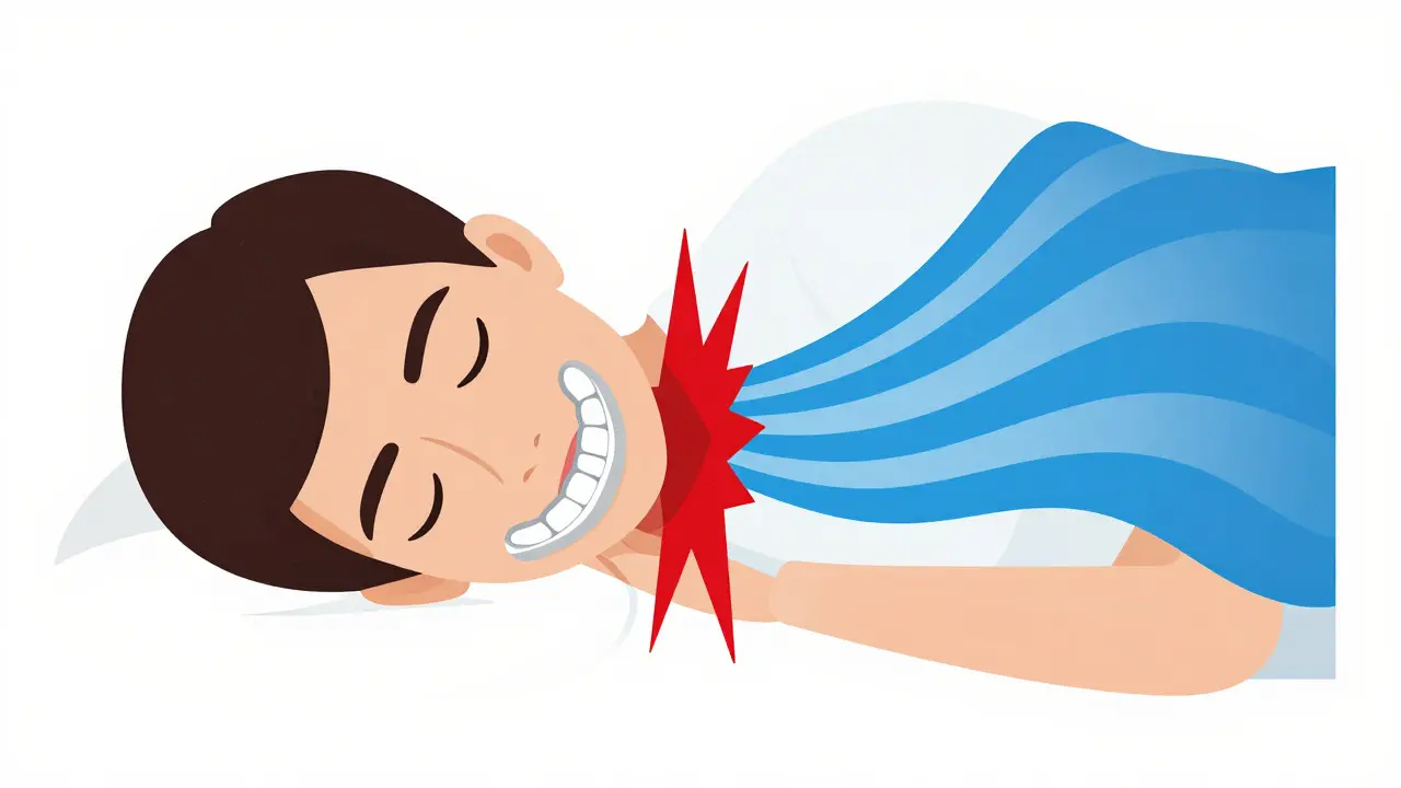 Sleeping person with oral appliance, showing open airway versus snoring obstruction