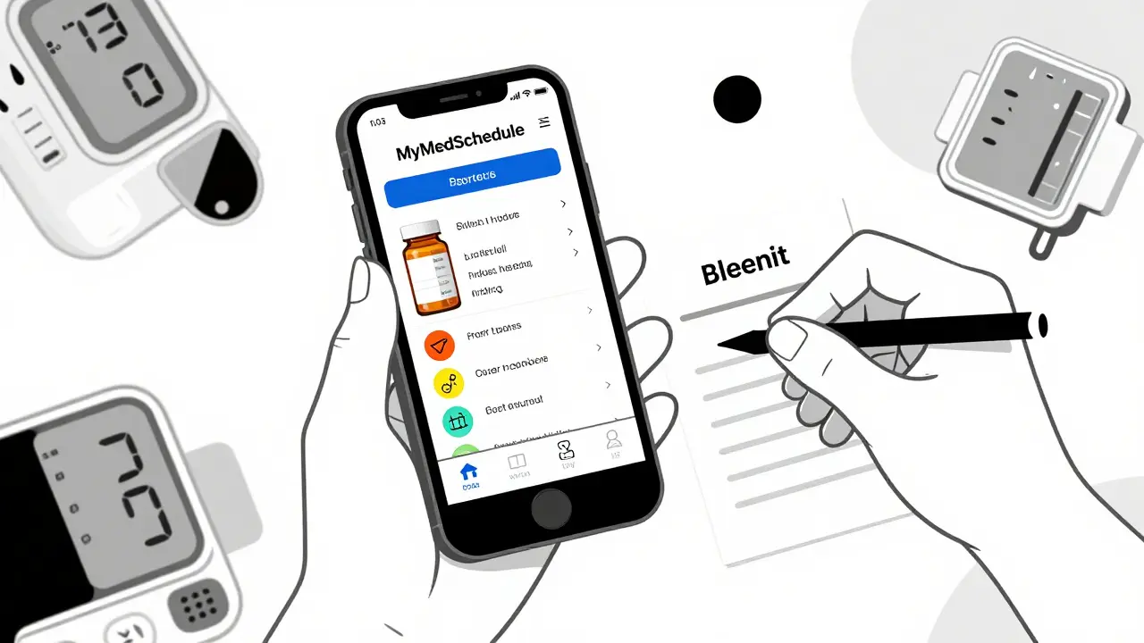 Smartphone showing a pill-scanning app beside a handwritten list, with abstract health symbols.