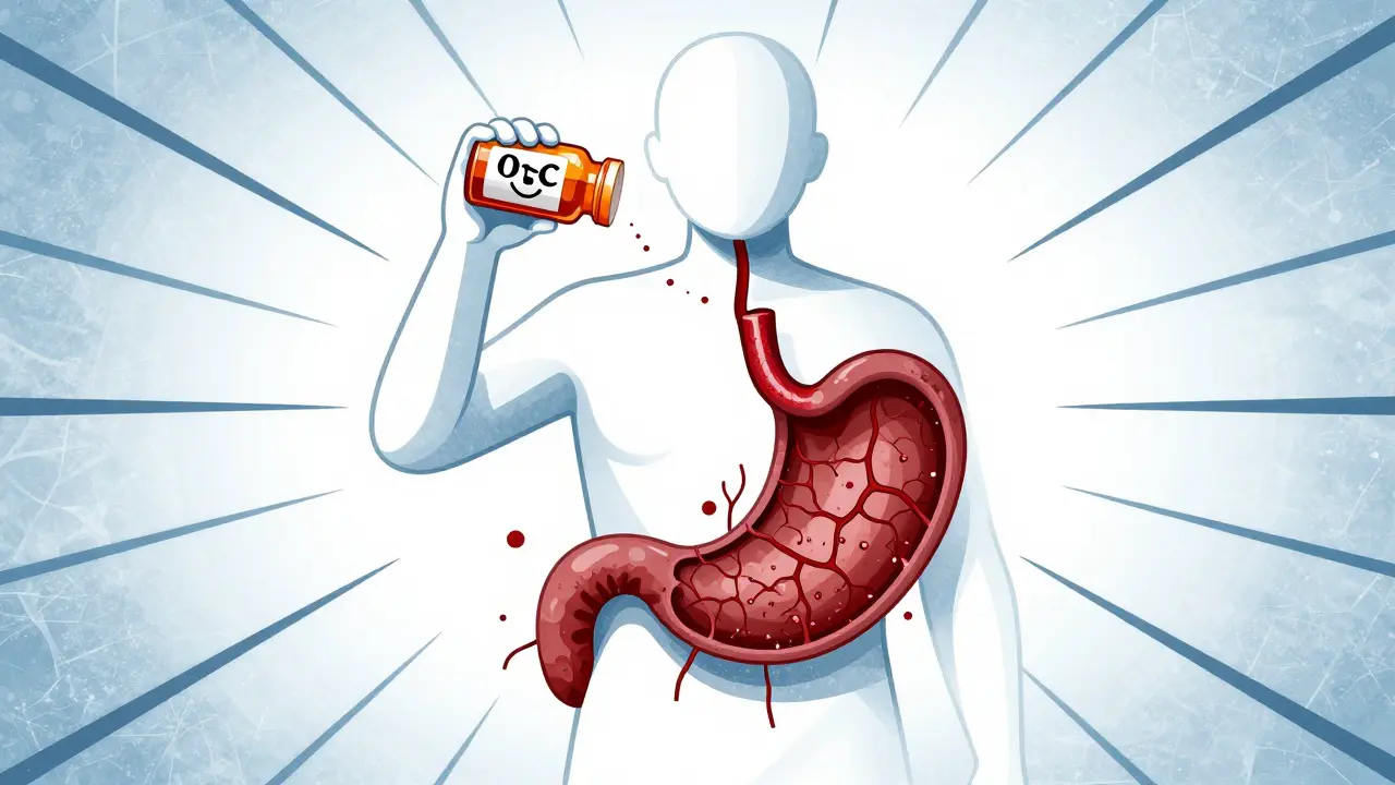 Split figure: cheerful upper body holding painkillers, lower body dissolving into stomach damage in abstract Bauhaus design.