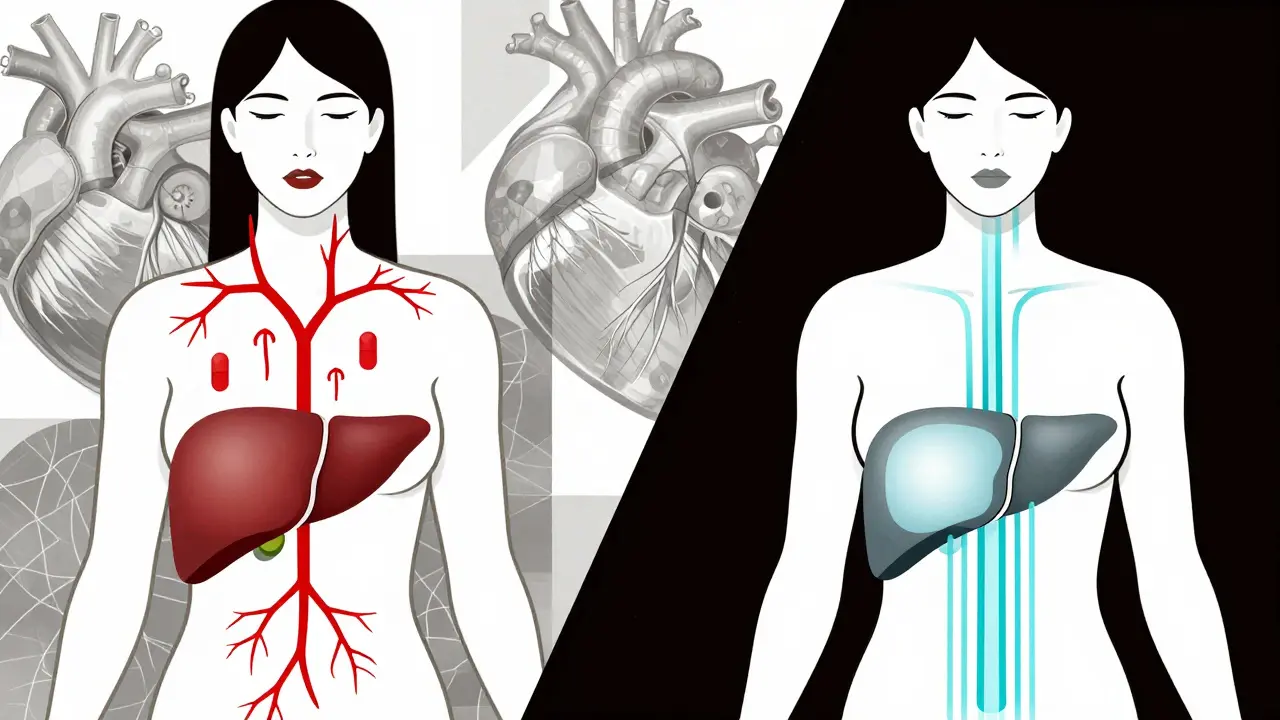 Split illustration comparing oral pills and transdermal patches with body system visuals