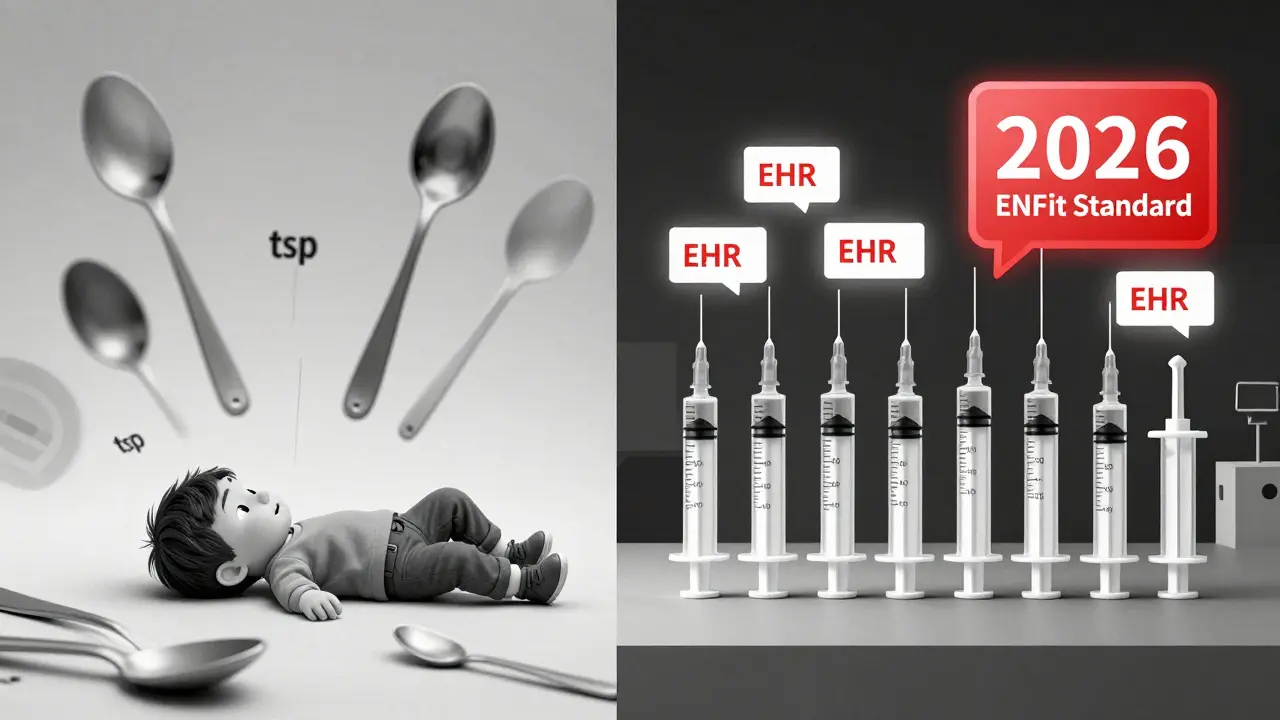 Split scene: chaotic spoon errors vs. orderly syringes and safety systems in geometric style.