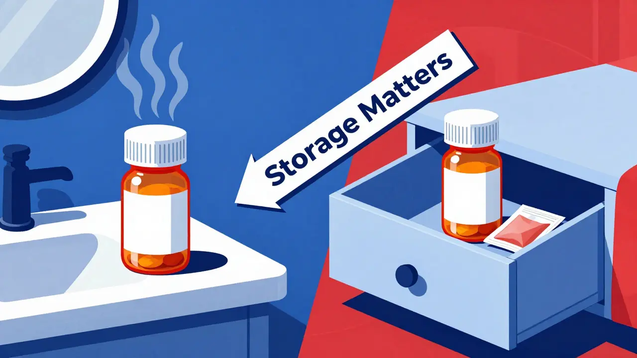Split scene comparing medicine storage in hot bathroom vs. cool dry drawer with abstract shapes